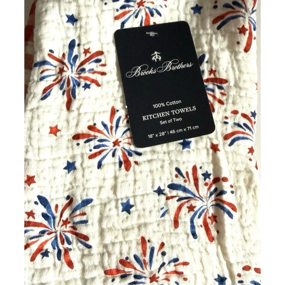 Brooks Brothers Kitchen Dish Towels July 4th Gingham Cotton Gauze Set of 2